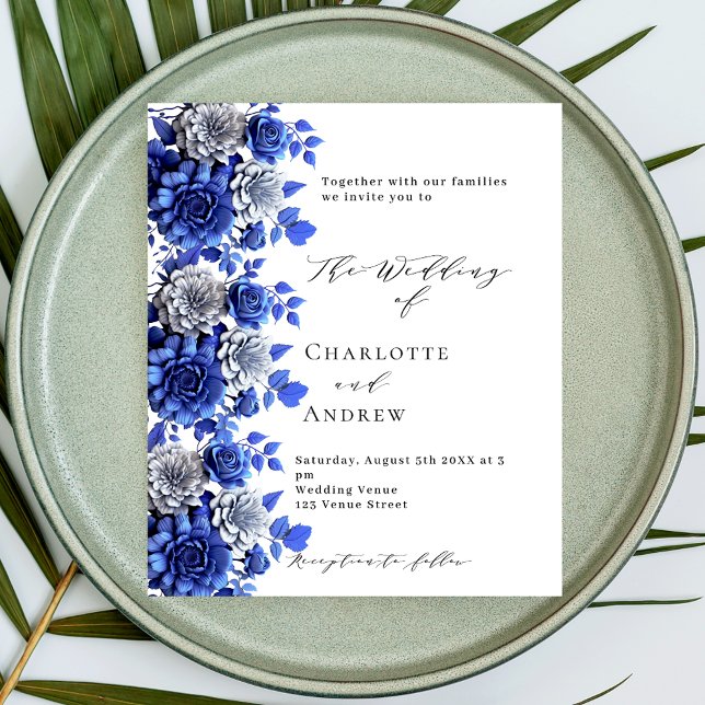 Blue white floral script budget wedding invitation (Creator Uploaded)