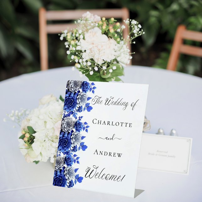 Blue white floral script welcome wedding pedestal sign (Creator Uploaded)