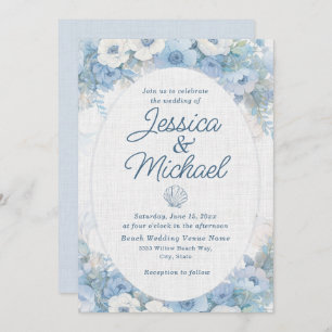 Blue White Floral Seashell Coastal Beach Wedding Invitation