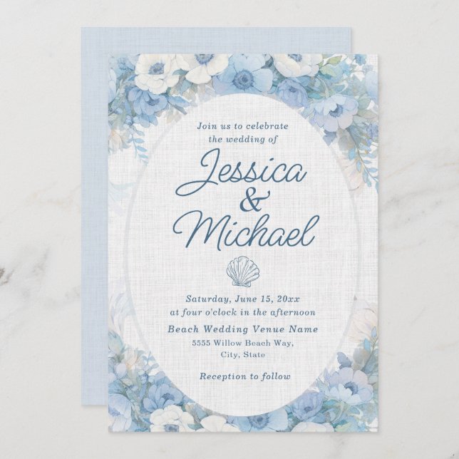 Blue White Floral Seashell Coastal Beach Wedding  Invitation (Front/Back)