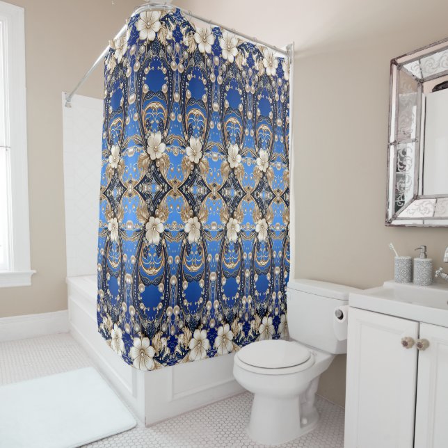 Blue White Floral Shower Curtain (In Situ)
