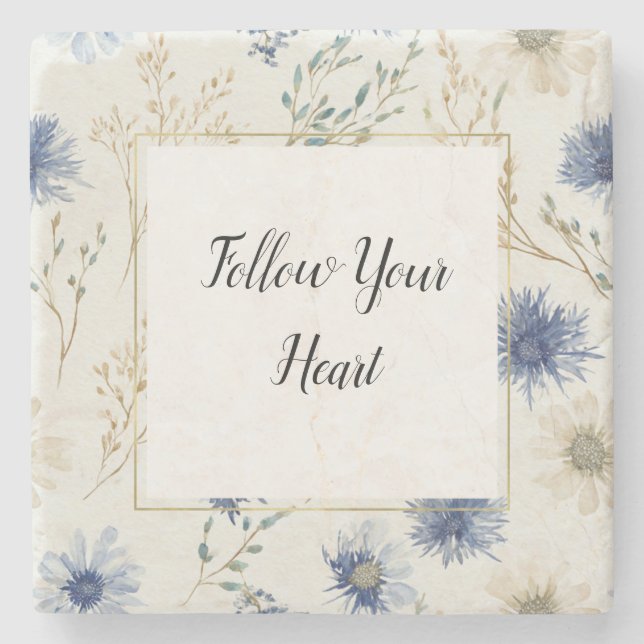 Blue White Floral   Stone Coaster (Front)