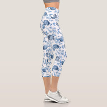 Blue & White Floral Toile Capri Leggings
