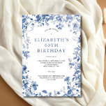 Blue White Floral Toile Watercolor 60th Birthday Invitation<br><div class="desc">Elegant and pretty blue and white floral toile watercolor 60th birthday invitation for her.  Editable for any year and to add your own details. Available as printed or instant digital download.</div>