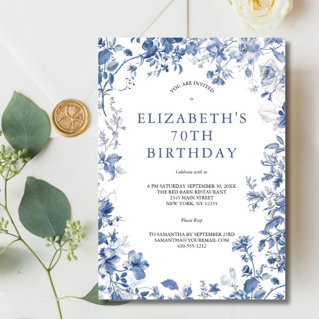 Blue White Floral Toile Watercolor 70th Birthday Invitation (Blue White Floral Toile Elegant 70th Birthday party invitation for her. Printed or Digital Download)