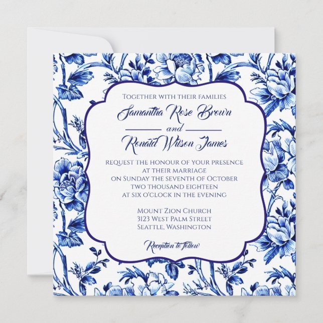 Blue & White Floral Toile Wedding Invitation (Front)