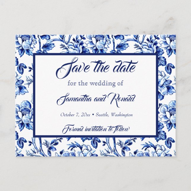 Blue & White Floral Toile Wedding Save the date Announcement Postcard (Front)