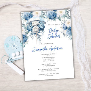 Blue White Floral Umbrella Boy Baby Shower Invitation