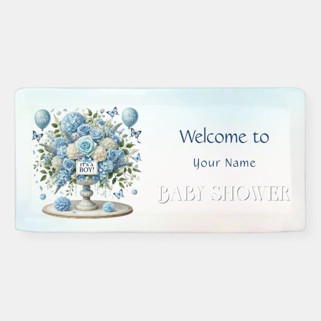 Blue White Floral Vase Baby Shower Banner (Horizontal)