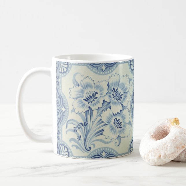 Blue & White Floral Victorian Majolica Antique Coffee Mug (With Donut)