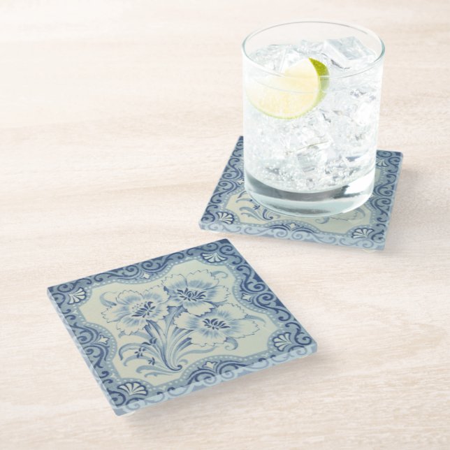 Blue & White Floral Victorian Majolica Antique Glass Coaster (Angled)