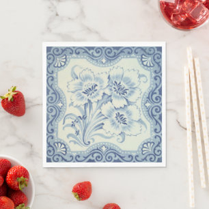 Blue & White Floral Victorian Majolica Antique Napkin