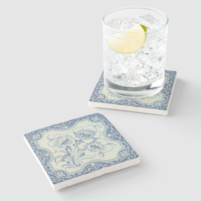 Blue & White Floral Victorian Majolica Antique Stone Coaster (Side)