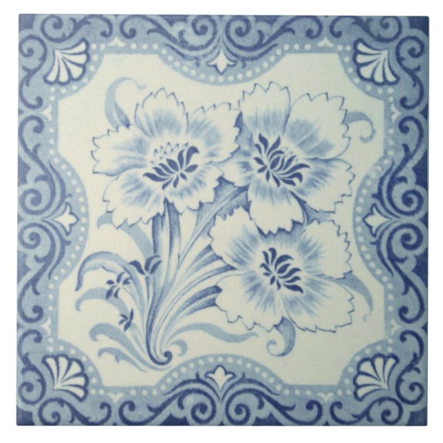 Blue & White Floral Victorian Majolica Antique Tile (Front)