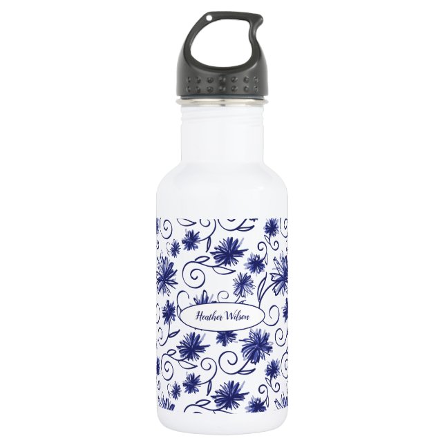 Blue White Floral Water Bottle with Name (Front)