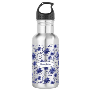Blue White Floral Water Bottle with Name