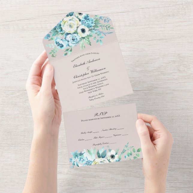 Blue White Floral Wedding All In One Invitation (Tearaway)