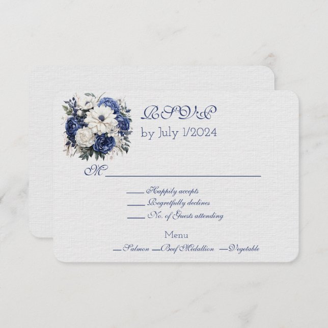Blue White Floral Wedding Bouquet Response Card (Front/Back)