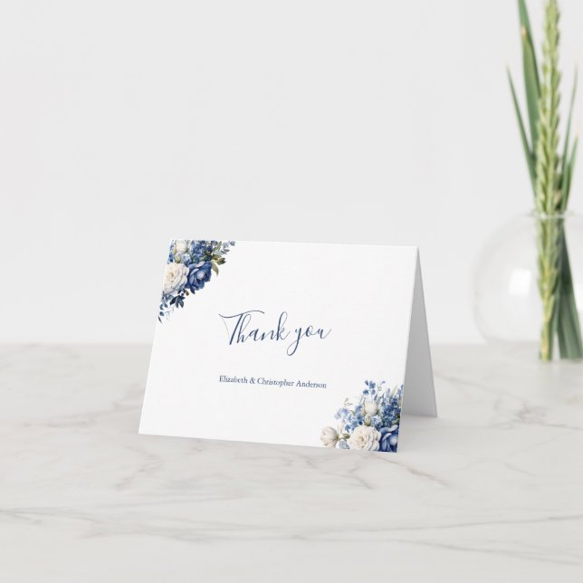 Blue White Floral Wedding Bridal Shower  Thank You Card (Front)