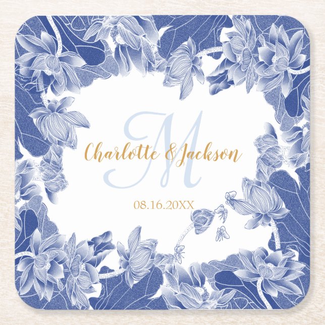 Blue White Floral Wedding Couple Name Square Paper Coaster (Front)