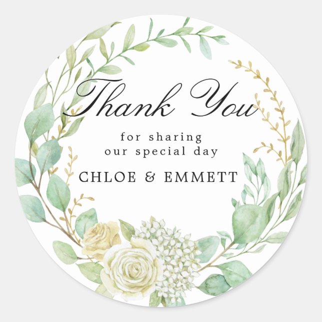 Blue White Floral Wedding Favour Thank You Classic Round Sticker (Front)