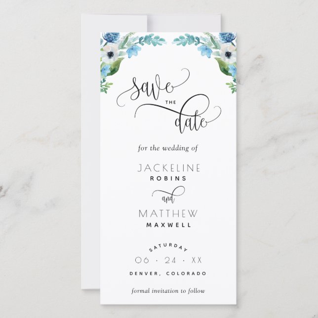 Blue, White Floral Wedding Save The Date Bookmark (Front)