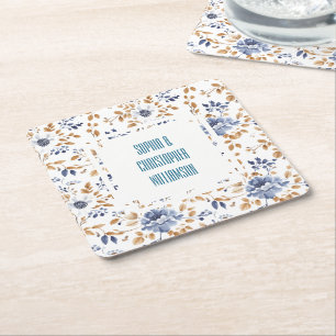 Blue White Floral Wedding Square Paper Coaster