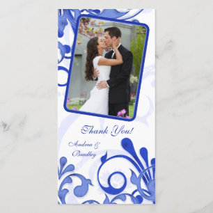 Blue & White Floral Wedding Thank You Photo Card