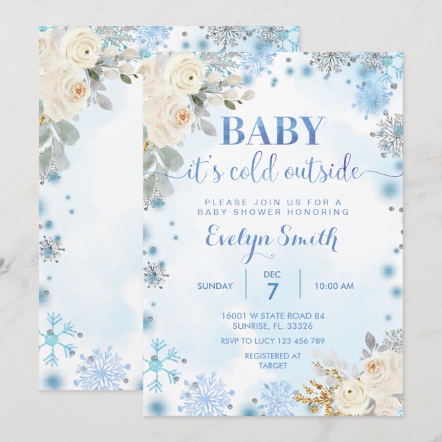 Blue & White Floral Winter Baby Shower Snowflake  Invitation (Front/Back)
