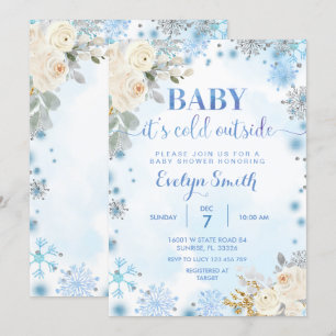 Blue & White Floral Winter Baby Shower Snowflake  Invitation