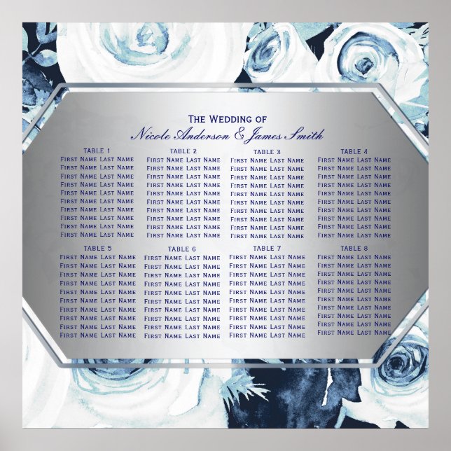 Blue White Floral Winter Wedding Seating Chart (Front)