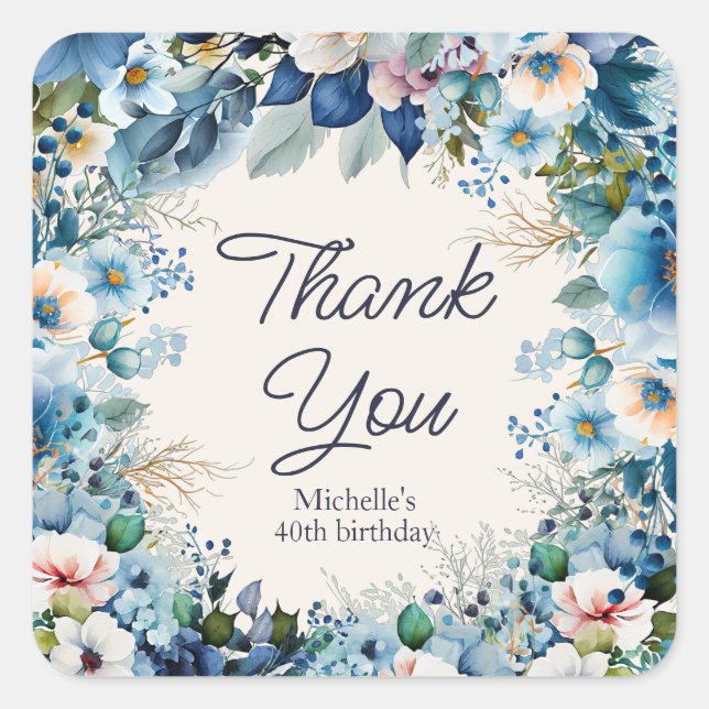 Blue White Floral Women's Birthday Thank You Square Sticker (Front)