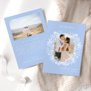 Blue white floral wreath boho Wedding Photo Thank You Card