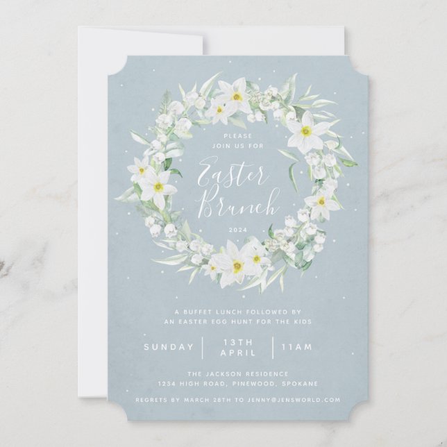 Blue + White Floral Wreath Easter Brunch Invitation (Front)