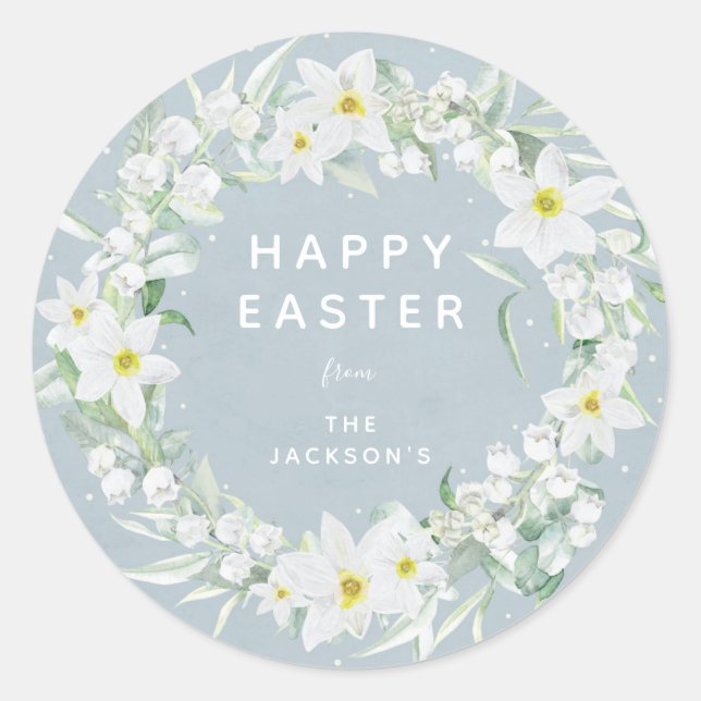 Blue + White Floral Wreath Easter Message Classic Round Sticker (Front)