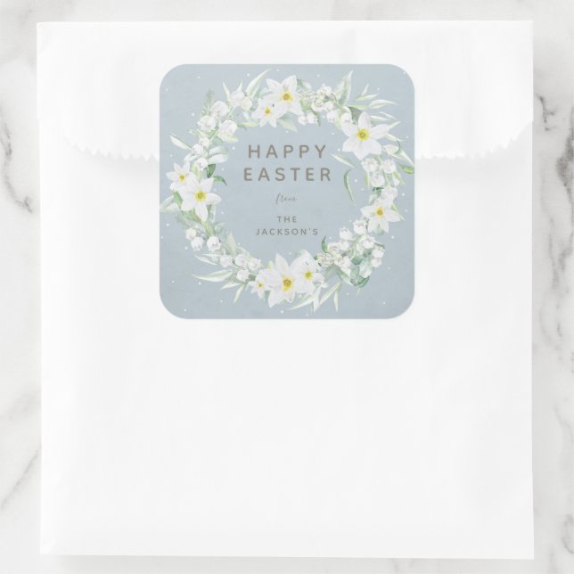 Blue + White Floral Wreath Easter Message Square Sticker (Bag)