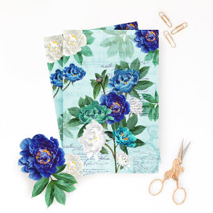 Blue White Florals Music & Handwriting Decoupage Tissue Paper