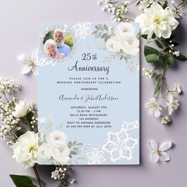 Blue white florals photo 25th wedding anniversary invitation (Creator Uploaded)