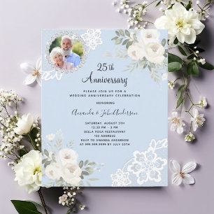 Blue white florals photo 25th wedding invitation