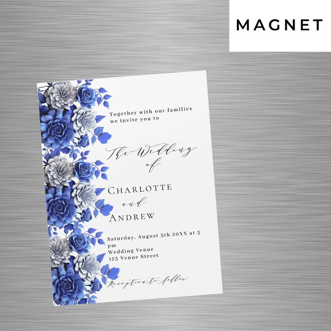 Blue white florals script luxury wedding magnetic invitation (Creator Uploaded)
