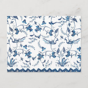 Blue White flower bird Indonesian sarong pattern Postcard