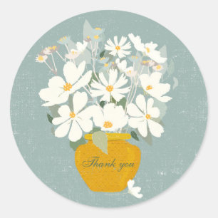 Blue white flower bouquet gold vase Thank you Classic Round Sticker