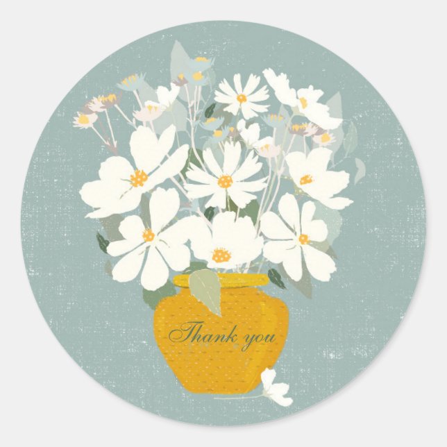 Blue white flower bouquet gold vase Thank you Classic Round Sticker (Front)