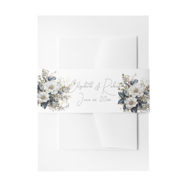 Blue & White Flower Bouquet Invitation Belly Band (Front Example)