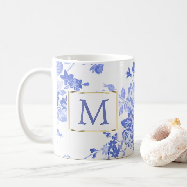 blue white flower china initial customisable side coffee mug (With Donut)