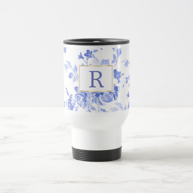 blue white flower china initial customisable side travel mug (Center)