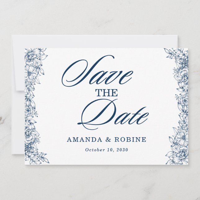 Blue White Flower Elegant Simple Save The Date (Front)