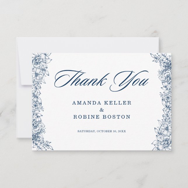Blue White Flower Elegant Thank You Card (Front)