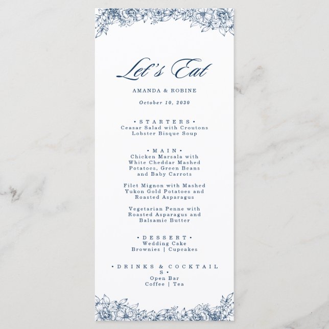 Blue White Flower Elegant Wedding Menu (Front)
