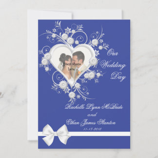 Blue & White Flower Heart Wedding Photo Invitation